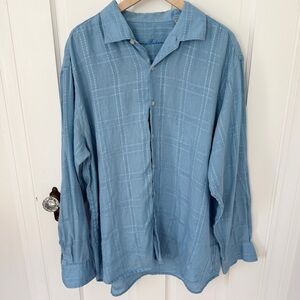 Tommy Bahama 100% Linen Resort Long Sleeve Button Up Textured Blue Print Size XL